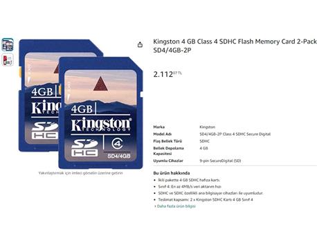 Kingston 4 GB Class 4 SDHC Hafıza Kartı SD44GB